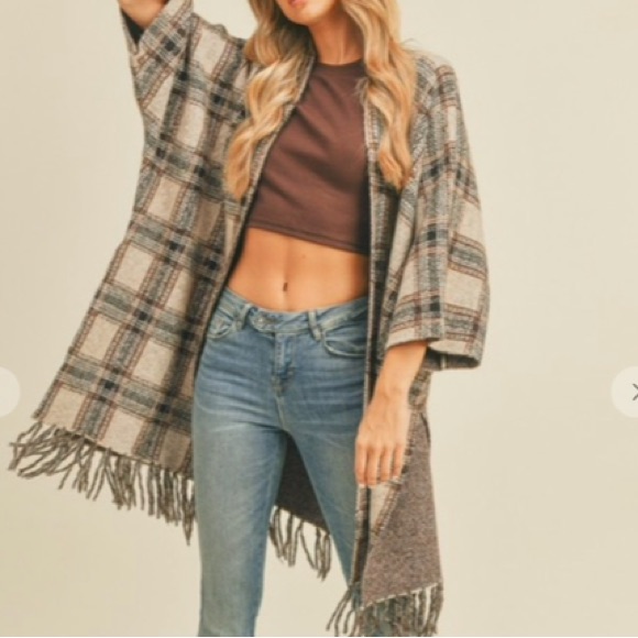 24 Boho Stella Knit Plaid Fringe Poncho Long Open Front Cardigan